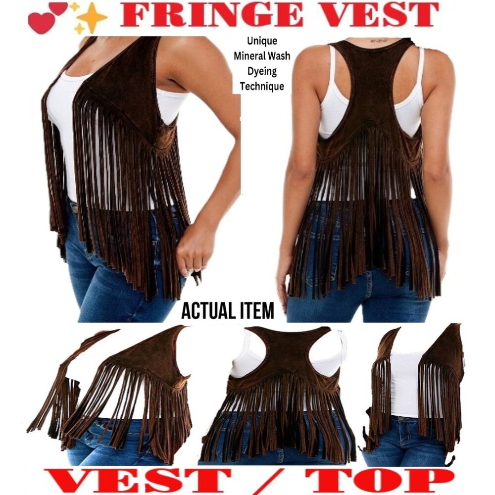 🛑 BULLY Dangling➕ FRINGE 🆒 VEST Mineral Wash TOP Boho Western JACKET💸BUYNOW‼️